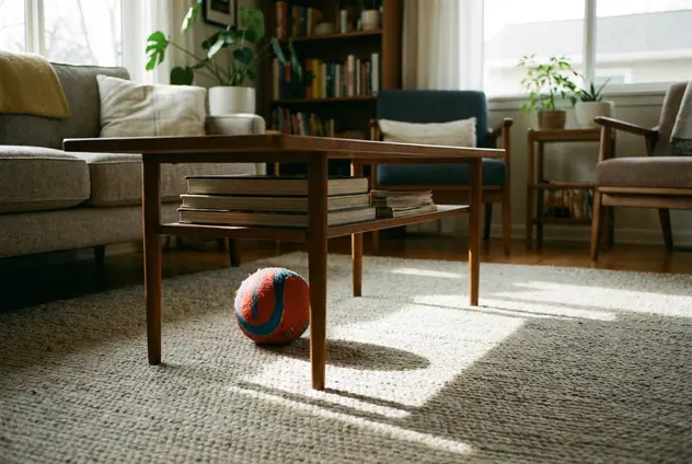 Toy ball placed under a coffee table with realistic occlusion and shadow.
