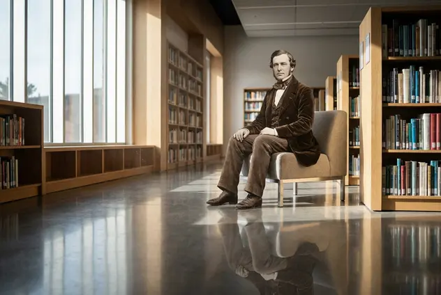 Studio portrait subject blended into a modern library with matched lighting.