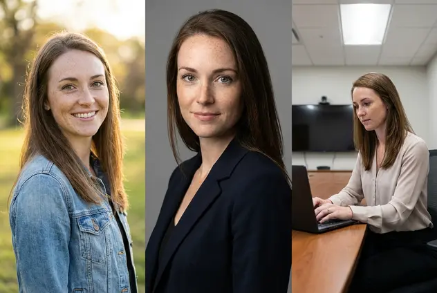 Founder shown in three settings with identical facial features.