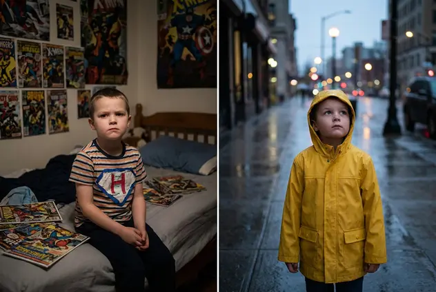 Child hero moved from a bedroom to a rainy street while keeping the same face.