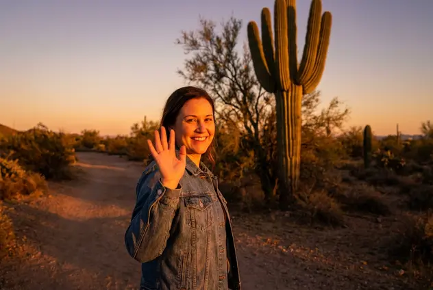 Portrait edited to replace a tree with a cactus and change the hand to a wave.