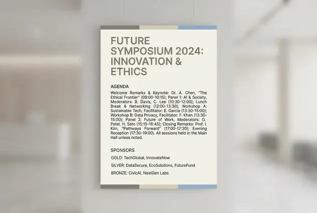 会议海报展示长段准确的文字和对齐的赞助商名称。