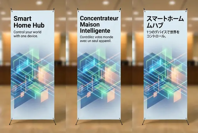 产品横幅以三种语言呈现，布局和字体保持相同。