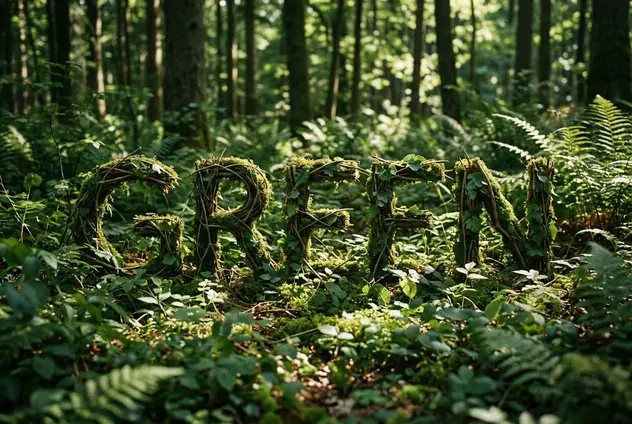 GREEN 一词由真实的森林树叶组成，融入环境中。