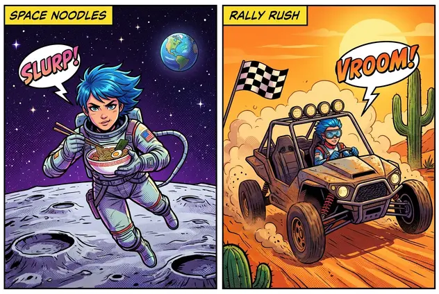 同一角色在月球拉面店和沙漠拉力赛场景中保持面部特征一致。