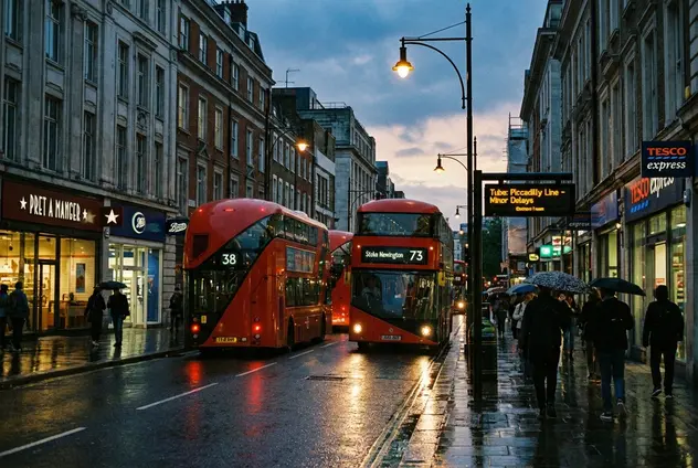 锚定的伦敦街景反映了黄昏时的当前标识和天气。