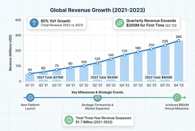 带标签的收入图表和时间线显示准确的数值和清晰的标注。