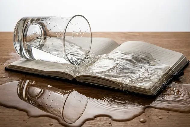 水从倾倒的玻璃杯中真实地溅到笔记本上，反射和湿润效果准确。