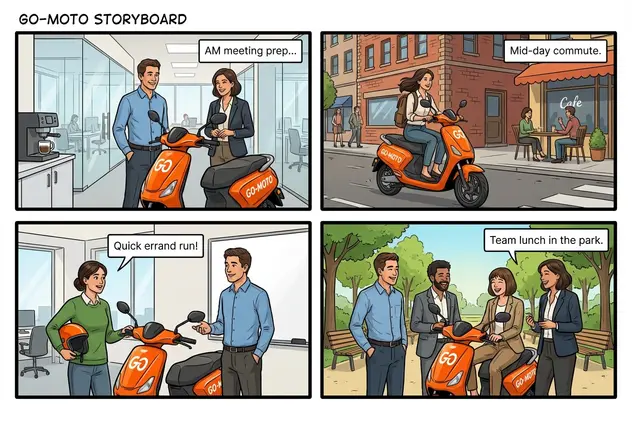 多名员工和品牌滑板车在不同故事板场景中保持一致。