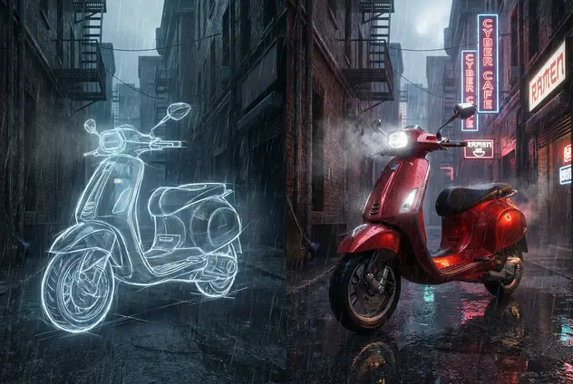 粗略的滑板车涂鸦变成雨夜小巷中照片级真实的金属红色滑板车。