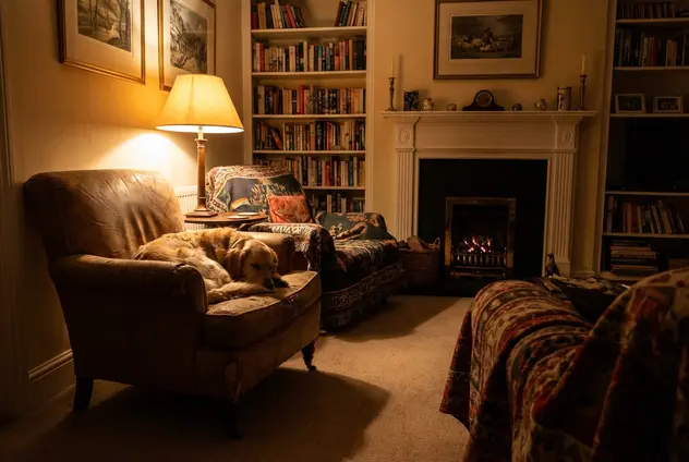 金毛猎犬替换了左侧扶手椅上的猫，房间光线和构图保持不变。