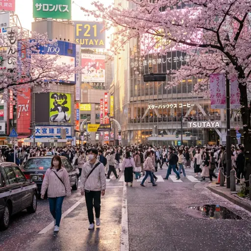 涩谷十字路口实景还原，包含盛开的季性樱花和真实路牌。