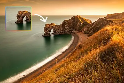 Landscape photo extended to vertical format using ai image extender