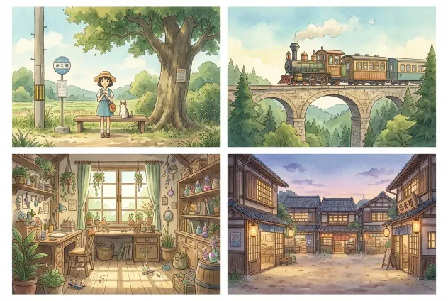 Multiple images sharing a consistent Ghibli-inspired illustration style