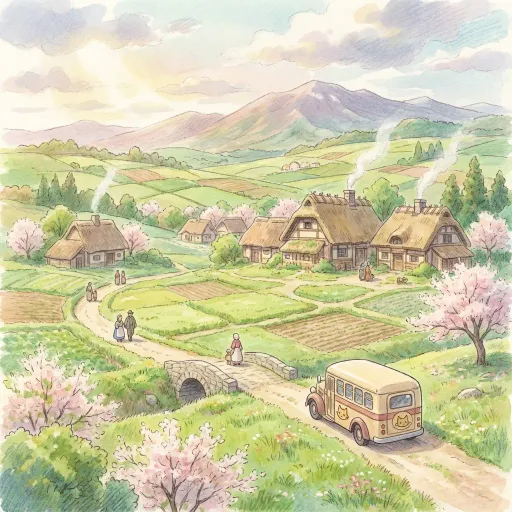 A text idea visualized as a Ghibli-inspired illustrated village scene