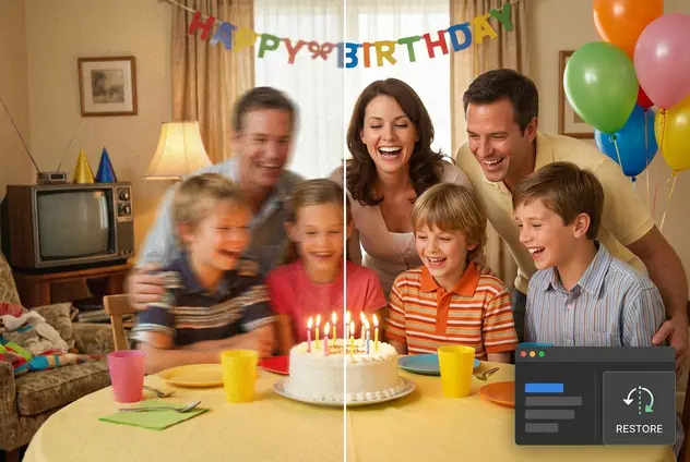 A blurry family photo restored to high clarity using the image enhancer tool