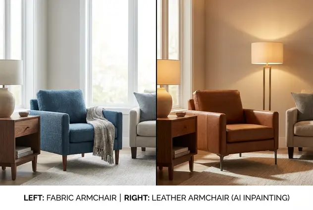 AI inpainting replacing a fabric chair with a leather chair in a living room.