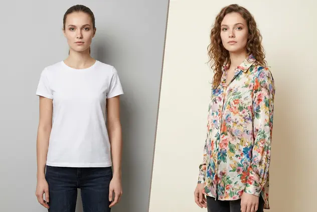 Changing a model's outfit from a t-shirt to a floral blouse using AI.