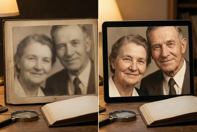 Enhancing facial details and sharpness in an old blurry photograph.